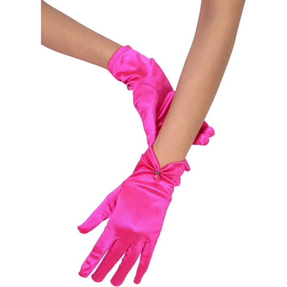 Women's Evening Fuschia-Satin Tulle Short Lace Gloves Wrist Wedding Bridal Party